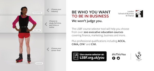 The London School of Business and Finance Be who you want to be in business marketing campaign on tube car panel image